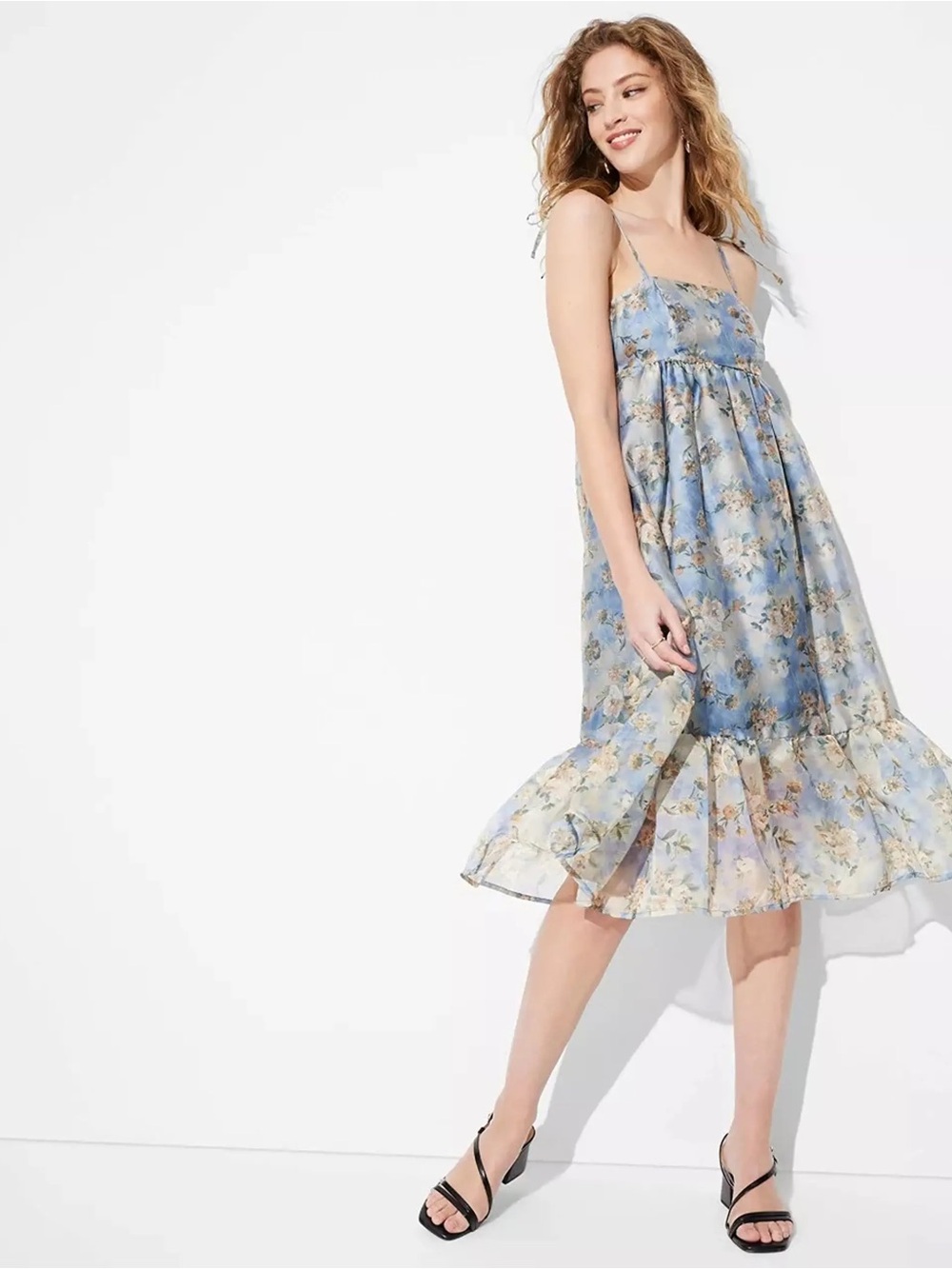 wild fable Light Blue Floral Midi Dress with Ruffle Hem